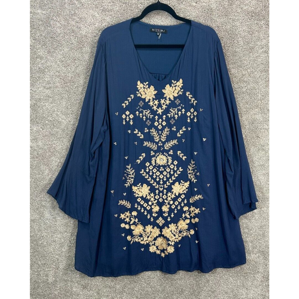 Glitzy Girlz Dress 3X Knee Length Blue Embroidered Floral 3/4 Sleeve Pullover